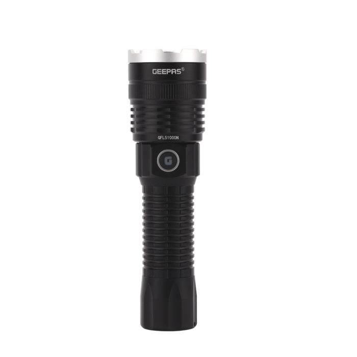 Geepas Zoomable LED Flashlight- GFL51000Z/ 20W Laser High-Power LEDs, 10 Hours Continuous Working, Type C Charging/ Black, Limited Lifetime Warranty