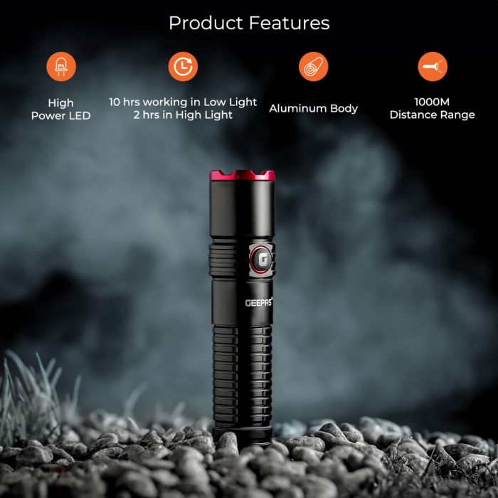 Geepas Rechargeable LED Flashlight- GFL51065/ 20W, 5000-6500K, 2500 LM, Perfect for Indoor and Outdoor Use, 10 Hours Continuous Working/ with Aircraft Aluminum Housing, Waterproof IPX5, Lithium Battery and Power Reminder/ Black, Lifetime Warranty
