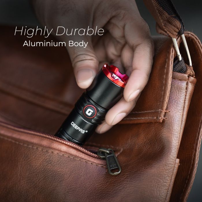 Geepas Rechargeable LED Flashlight- GFL51065/ 20W, 5000-6500K, 2500 LM, Perfect for Indoor and Outdoor Use, 10 Hours Continuous Working/ with Aircraft Aluminum Housing, Waterproof IPX5, Lithium Battery and Power Reminder/ Black, Lifetime Warranty