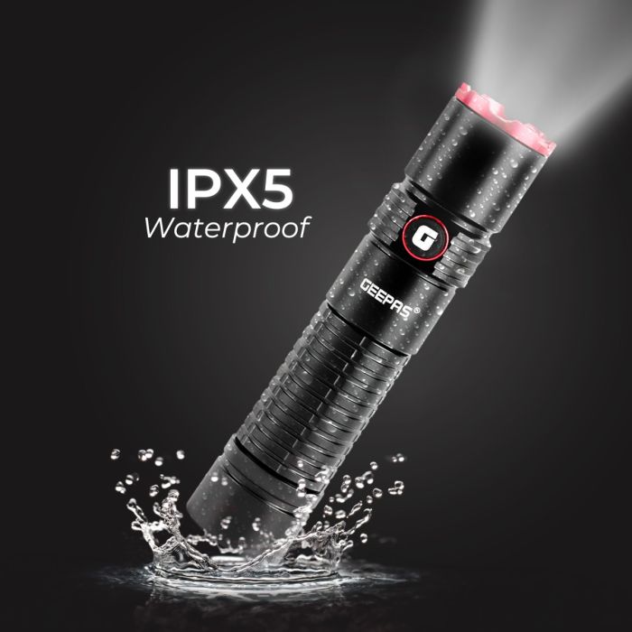 Geepas Rechargeable LED Flashlight- GFL51065/ 20W, 5000-6500K, 2500 LM, Perfect for Indoor and Outdoor Use, 10 Hours Continuous Working/ with Aircraft Aluminum Housing, Waterproof IPX5, Lithium Battery and Power Reminder/ Black, Lifetime Warranty