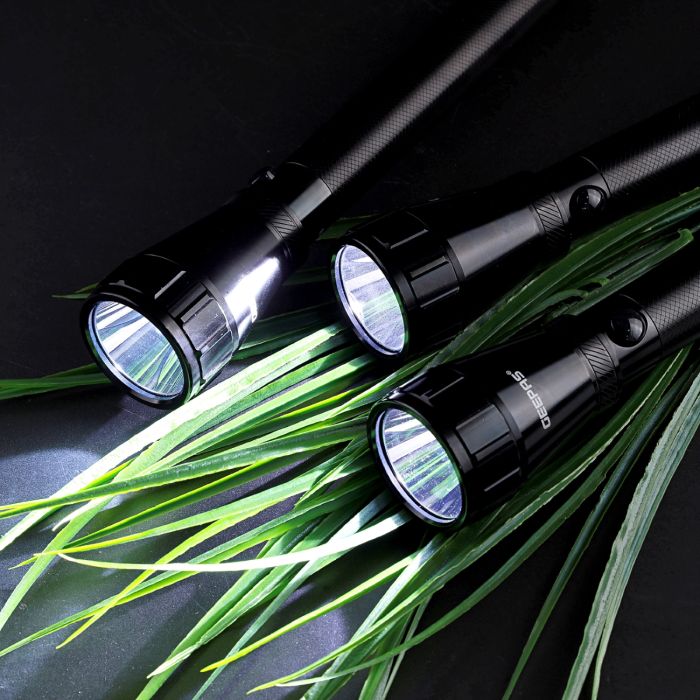Geepas 3 In 1 Rechargeable Family Pack LED Flashlight - Hyper Bright Cool White Light 2000 Meters Range Portable Torch High Beam LED Flashlight| Waterproof Pocket Flashlight with Charger, battery