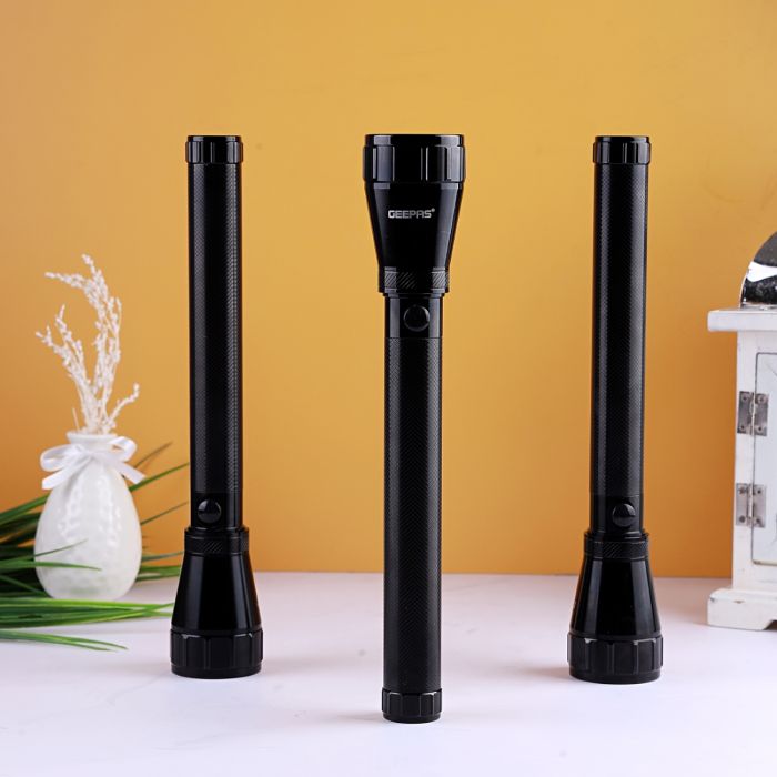Geepas 3 In 1 Rechargeable Family Pack LED Flashlight - Hyper Bright Cool White Light 2000 Meters Range Portable Torch High Beam LED Flashlight| Waterproof Pocket Flashlight with Charger, battery