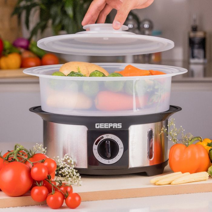 Geepas GFS63025UK Food Steamer 12L Capacity - 3 Tiers | 75 Minutes Timer | Stainless Steel Housing | Makes Healthy Food, Meat, Fish & Steam | 2 Year Warranty