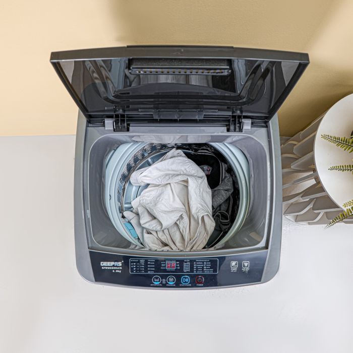 Geepas GFW5800LCQ Fully Automatic Washing Machine | 5kg Capacity| 300W Wash Power| LED Display| Fuzzy Logic| Air Dry| Big Pulsator| Low Noise| 2 Year Motor Warranty
