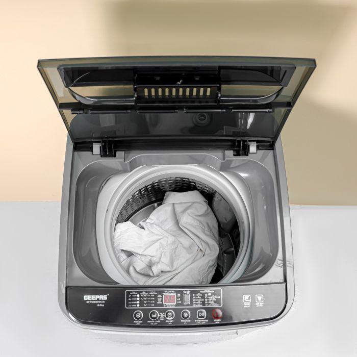 Geepas Fully Automatic Washing Machine- GFWM6800LCQ/ Top Load Equipped with Big Pulsator, Air Dry Function, Digital Display, Automatic Imbalance Control/ 6 kg Capacity