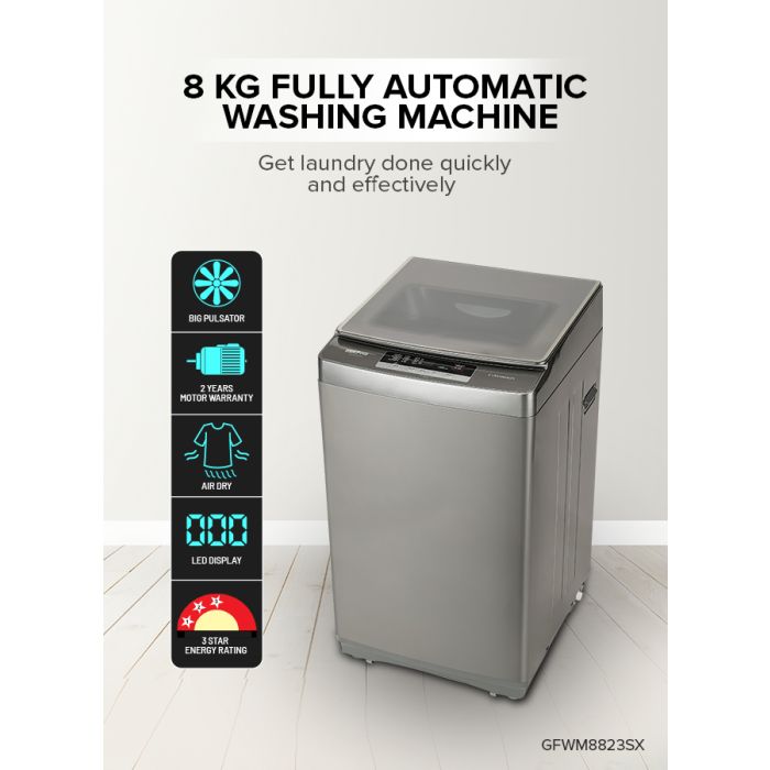 Geepas GFWM8823SX Fully Automatic Top Load Washing Machine | 8kg Capacity| 450W Wash Power| 8 Wash Programs| Diamond Drum| LED Display| Safety Lock| 1-Year Warranty