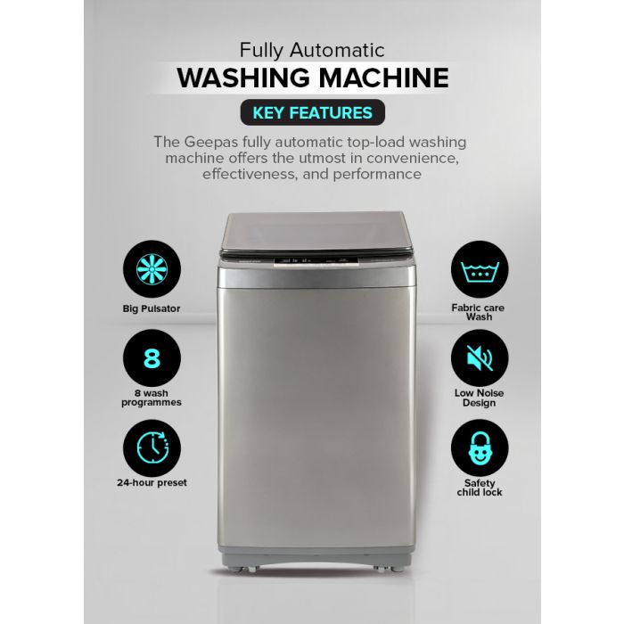 Geepas GFWM8823SX Fully Automatic Top Load Washing Machine | 8kg Capacity| 450W Wash Power| 8 Wash Programs| Diamond Drum| LED Display| Safety Lock| 1-Year Warranty