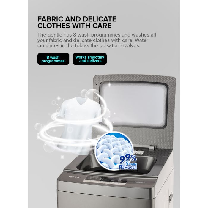 Geepas GFWM8823SX Fully Automatic Top Load Washing Machine | 8kg Capacity| 450W Wash Power| 8 Wash Programs| Diamond Drum| LED Display| Safety Lock| 1-Year Warranty