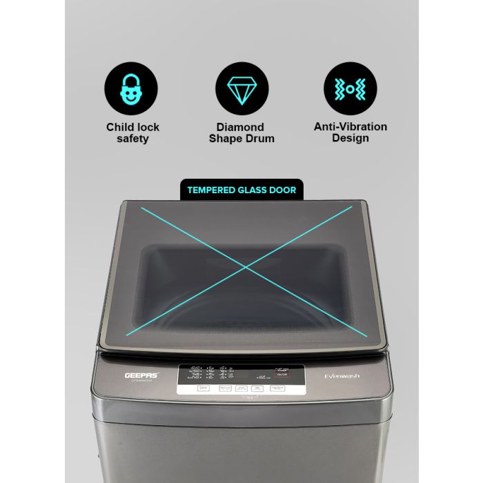 Geepas GFWM8823SX Fully Automatic Top Load Washing Machine | 8kg Capacity| 450W Wash Power| 8 Wash Programs| Diamond Drum| LED Display| Safety Lock| 1-Year Warranty