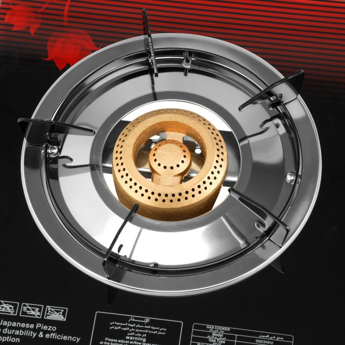 Geepas 3 Burner Gas Cooker GGC31012 |Stainless Steel Frame & Tray, Tempered Glass Top, Iron Burners 100+40+100mm, Auto Piezo Ignition, Low Gas Consumption, 2Year Warranty