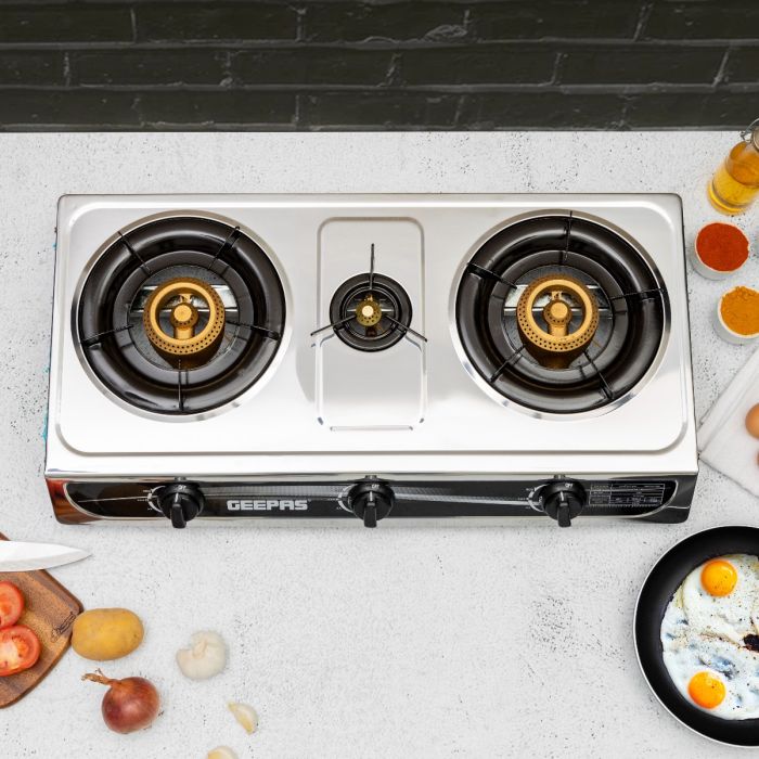 Geepas GGC31032 Stainless Steel Gas Cooker | 2 Burner Stove|  Auto Piezo Ignition | Flame Failure Safety  | Cast Iron Mixing Tube | Low Gas Consumption |Durable Design