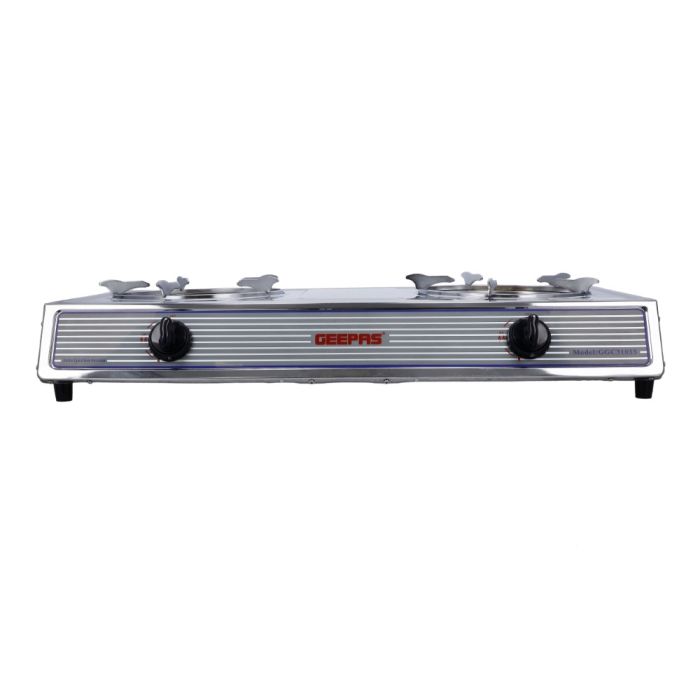 Geepas Stainless Steel Gas Cooker GGC31033 | 2 Burner Gas Stove | Heavy-Duty Cast Iron Burners| Automatic Ignition System| Durable Stainless Steel Body|2 Years Warranty