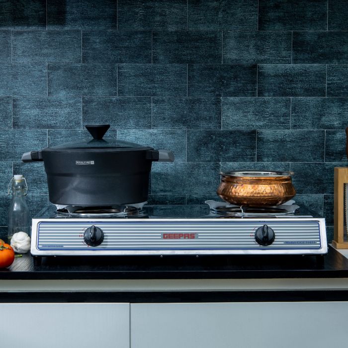 Geepas Stainless Steel Gas Cooker GGC31033 | 2 Burner Gas Stove | Heavy-Duty Cast Iron Burners| Automatic Ignition System| Durable Stainless Steel Body|2 Years Warranty
