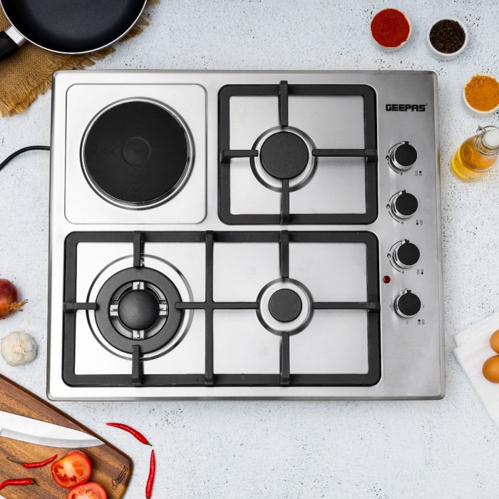 Geepas GGC31034 Built-in Stainless Steel Gas & Electric Hot Plate Hob | 3 Gas Burners + 1 Hot Plate | Italian Design| Heavy Pan Support| High Efficiency| 2 Years Warranty