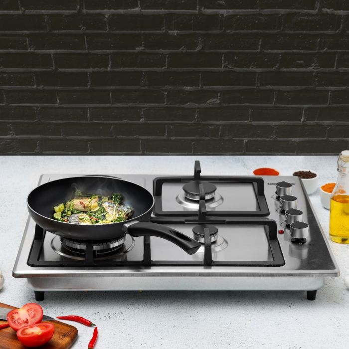 Geepas GGC31034 Built-in Stainless Steel Gas & Electric Hot Plate Hob | 3 Gas Burners + 1 Hot Plate | Italian Design| Heavy Pan Support| High Efficiency| 2 Years Warranty