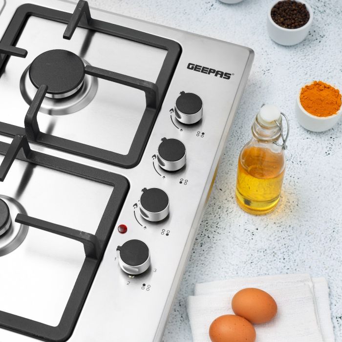 Geepas GGC31034 Built-in Stainless Steel Gas & Electric Hot Plate Hob | 3 Gas Burners + 1 Hot Plate | Italian Design| Heavy Pan Support| High Efficiency| 2 Years Warranty
