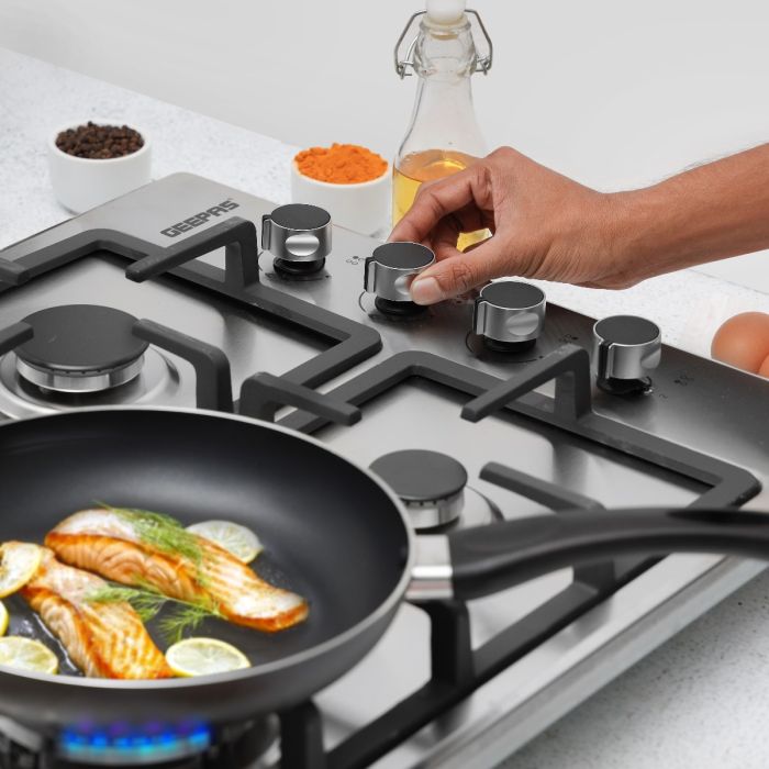 Geepas GGC31034 Built-in Stainless Steel Gas & Electric Hot Plate Hob | 3 Gas Burners + 1 Hot Plate | Italian Design| Heavy Pan Support| High Efficiency| 2 Years Warranty