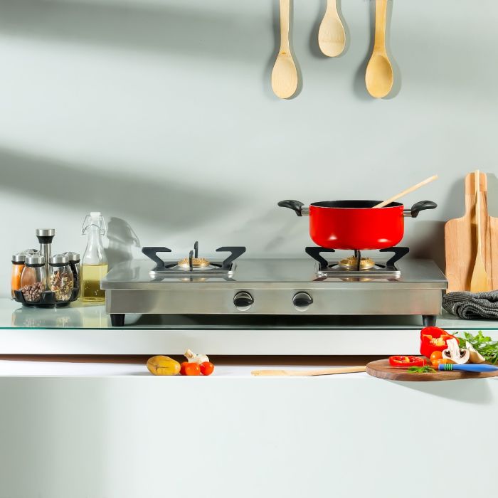 Geepas GGC31038 Stainless Steel Gas Cooker | 2 Burner LPG Stove| Auto-Ignition| Durable Brass Burners| Heavy Duty Pan Support| Safe & Efficient Cooking| 2 Years Warranty