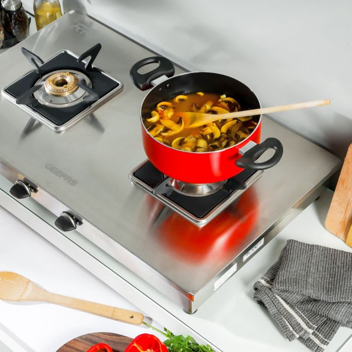 Geepas GGC31038 Stainless Steel Gas Cooker | 2 Burner LPG Stove| Auto-Ignition| Durable Brass Burners| Heavy Duty Pan Support| Safe & Efficient Cooking| 2 Years Warranty