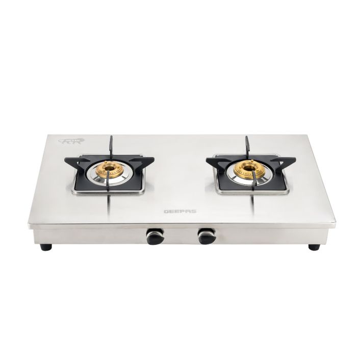 Geepas GGC31038 Stainless Steel Gas Cooker | 2 Burner LPG Stove| Auto-Ignition| Durable Brass Burners| Heavy Duty Pan Support| Safe & Efficient Cooking| 2 Years Warranty