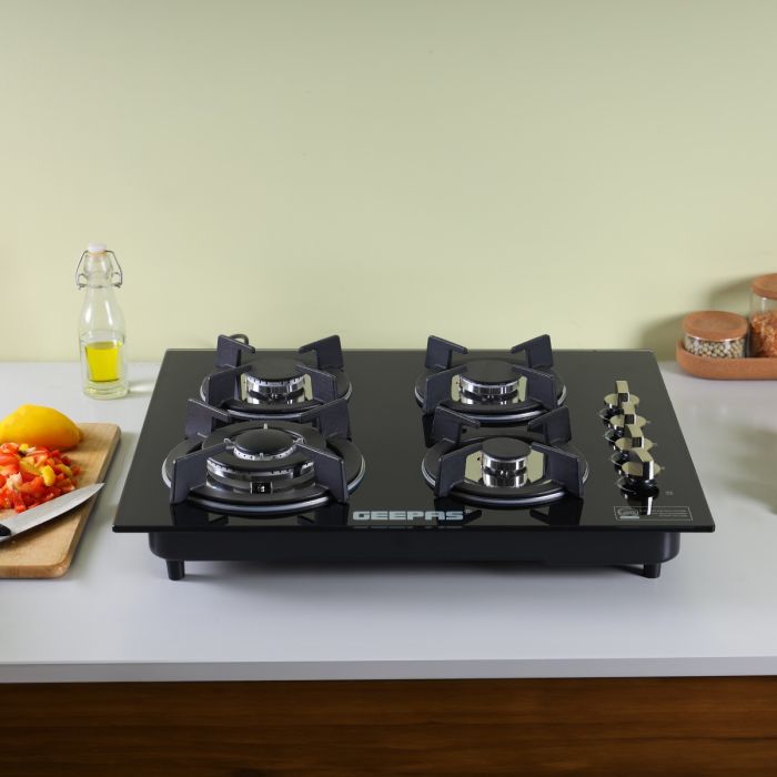 Geepas GGC31050FFD Built-in Glass Gas Hob | 4  Burners | Auto Ignition System | Flame Failure Safety Device (FFD) | Durable Design | Energy Efficient | 2 Years Warranty