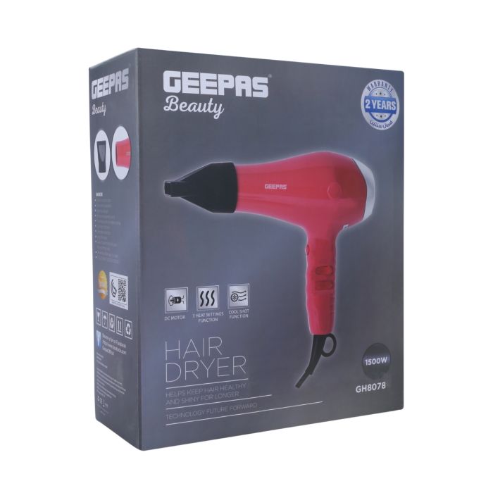 Geepas 1500W Powerful Ionic Hair Dryer | 3-Speed & 3 Temperature Settings | Salon Quality with Cool Shot Function For Frizz-Free Shine | Portable Elegant Professional Concentrator - 2 Years Warranty