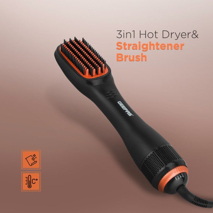 Geepas 3-in-1 Hot Dryer and Straightener Brush- GH86062| 2 Speed Heat Setting and Cool Function with In-Built Comb| Quick Heat-up, Perfect for Salon and At Home Styling| 2 Years Warranty, Black and orange