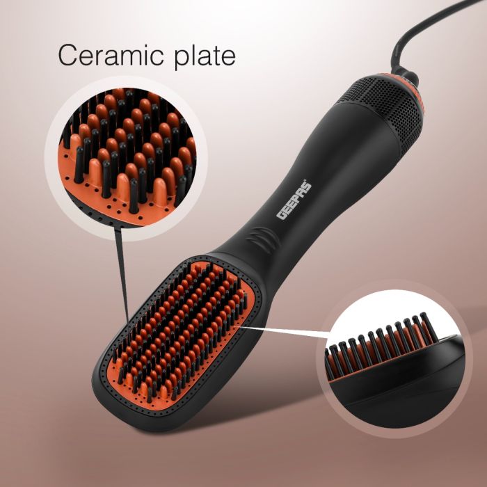 Geepas 3-in-1 Hot Dryer and Straightener Brush- GH86062| 2 Speed Heat Setting and Cool Function with In-Built Comb| Quick Heat-up, Perfect for Salon and At Home Styling| 2 Years Warranty, Black and orange