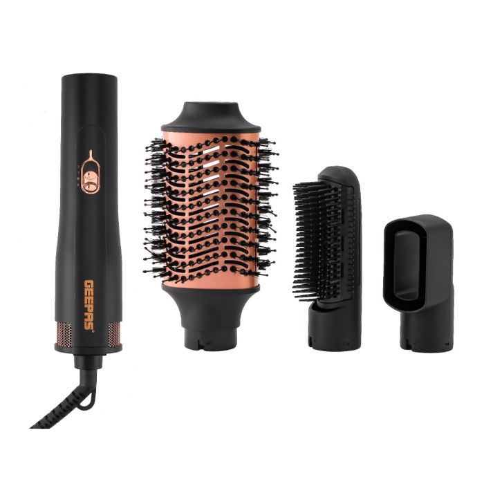 Geepas 4-IN-1 Hair Styler- GH86067| 3 Speed, 3 Heat Settings| 360-Degree Swivel Cord and Hanging Function| Perfect for Salon and At Home Styling, Three Interchangeable Heads| 2 Years Warranty, Black and Rose Gold