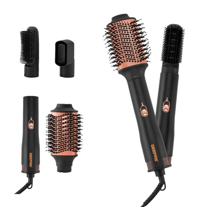 Geepas 4-IN-1 Hair Styler- GH86067| 3 Speed, 3 Heat Settings| 360-Degree Swivel Cord and Hanging Function| Perfect for Salon and At Home Styling, Three Interchangeable Heads| 2 Years Warranty, Black and Rose Gold