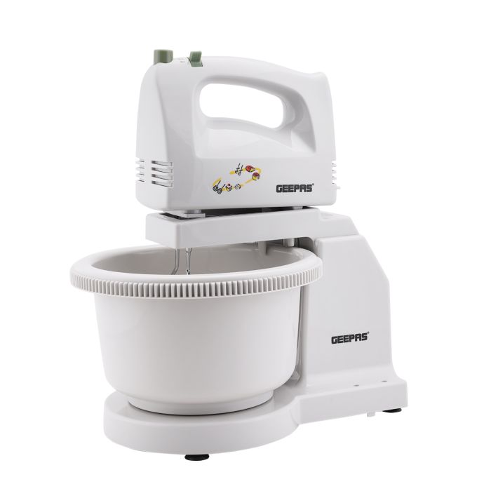 Geepas 200W Hand Mixer with Stand & Bowl | 5 Speed Controls |Detachable Stainless-Steel 2 Beater & 2 Dough Hooks |Ideal for Whipping, Blending & Beating| 2 Years Warranty