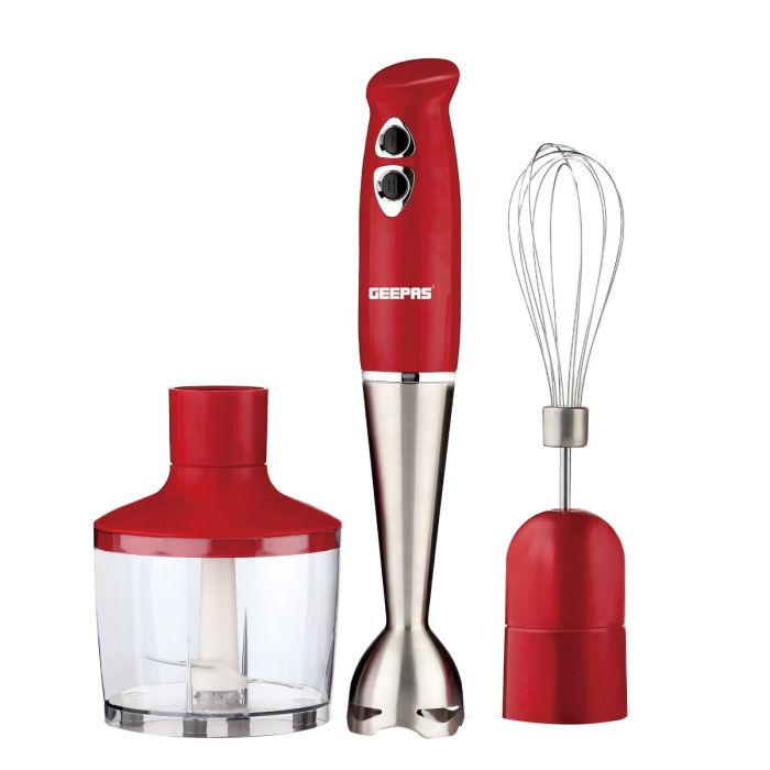 Geepas GHB6136 Hand Blender | 400W DC Motor | 2 Speed Settings | Stainless Steel Stick & Blades | 860ml Chopper Bowl | Egg Whisk | BS Plug | Durable & Easy to Use