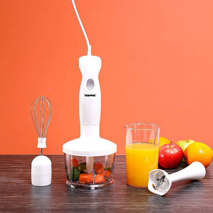 Geepas Hand Blender GHB6144 | 200W| 2-Speed Control| Stainless Steel Blade| Includes Chopper, Whisk & 600ml Beaker| Compact| Durable & Easy-to-Use | 2 Years Warranty