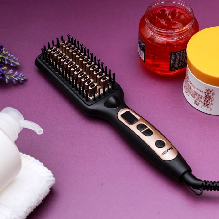 Geepas 2 In 1 Hair Brush 45W - Straightener Brush with Ceramic Anti Scald Hair Brush, Travel Voltage Brush, Auto Shut Off with LED Display and Heating Function | 2 Years Warranty