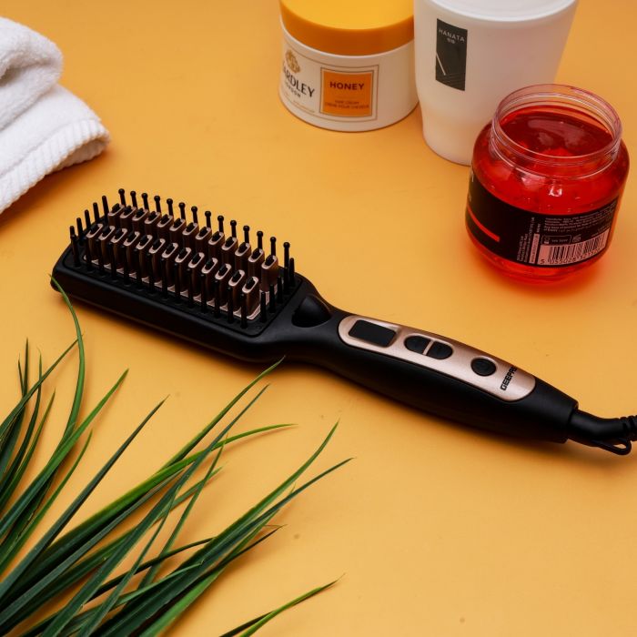 Geepas 2 In 1 Hair Brush 45W - Straightener Brush with Ceramic Anti Scald Hair Brush, Travel Voltage Brush, Auto Shut Off with LED Display and Heating Function | 2 Years Warranty
