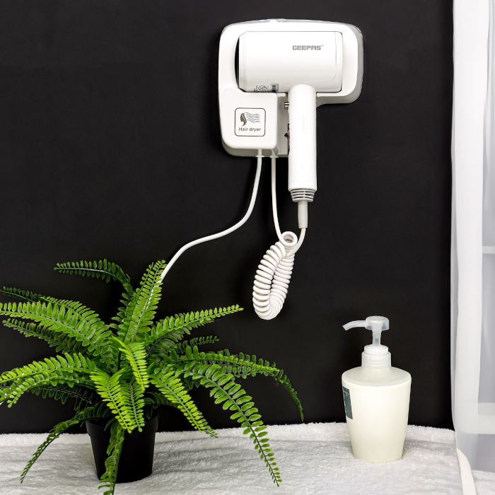 Geepas 1200 W Wall Mounted Hair Dryer- GHD86073/ High Speed, Quiet Sound and Hot and Cold Function, 2 Speed Settings, Cool Shot/ for Quick Drying, Overheat Protection/ Perfect for Home, Bathroom, Hotels, Resorts, Dressing Area, etc./ 2 Years Warranty