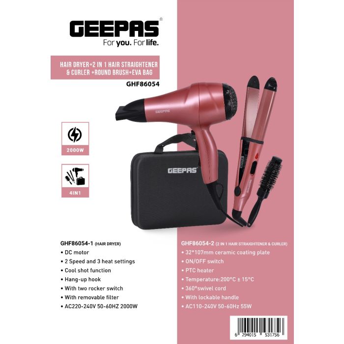Geepas 4 In 1 Hair Dressing Set - Portable Hair Dryer, Straightener, Curler with Eva Bag | 2000W | Ideal for Styling All Hairs