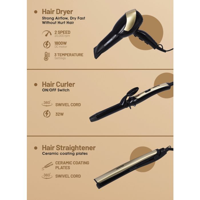 Geepas 3 In 1 Hair Styling Set 2200W - 2 Speed & 3 Heat Setting Curler | Ceramic Coating Plates Straightener with 25mm Hair Curler | Ideal Gift for Women | Perfect for Short & Long Hairs