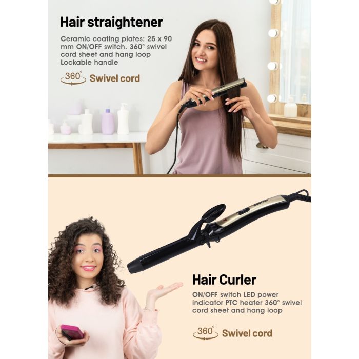 Geepas 3 In 1 Hair Styling Set 2200W - 2 Speed & 3 Heat Setting Curler | Ceramic Coating Plates Straightener with 25mm Hair Curler | Ideal Gift for Women | Perfect for Short & Long Hairs