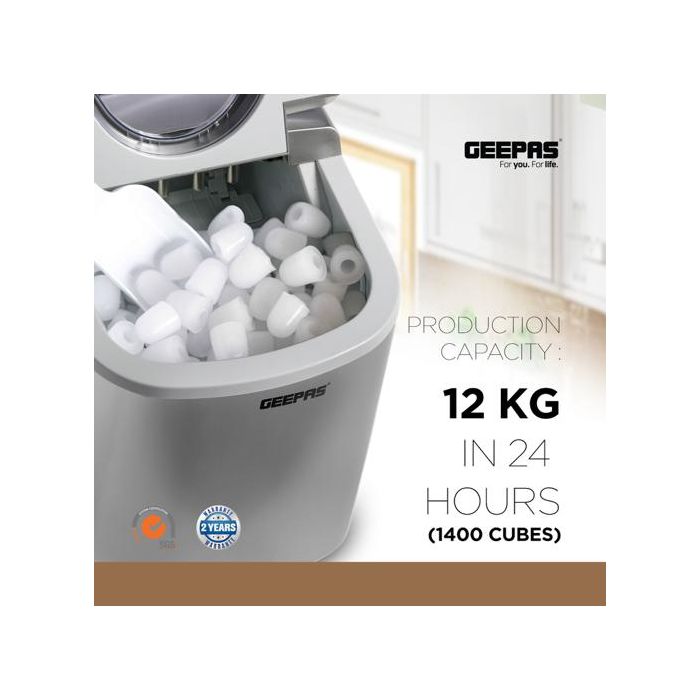 Geepas GIM63015UK Ice Cube Maker, Two Sizes, Produces 12kg Ice in 24 Hours - Ice Container 700g, Water Container 2.2L, Ecological Gas, Automatic Functioning