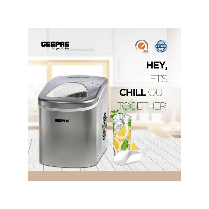 Geepas GIM63015UK Ice Cube Maker, Two Sizes, Produces 12kg Ice in 24 Hours - Ice Container 700g, Water Container 2.2L, Ecological Gas, Automatic Functioning
