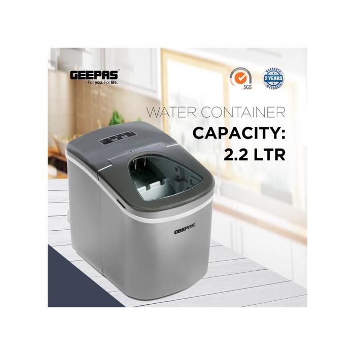 Geepas GIM63015UK Ice Cube Maker, Two Sizes, Produces 12kg Ice in 24 Hours - Ice Container 700g, Water Container 2.2L, Ecological Gas, Automatic Functioning
