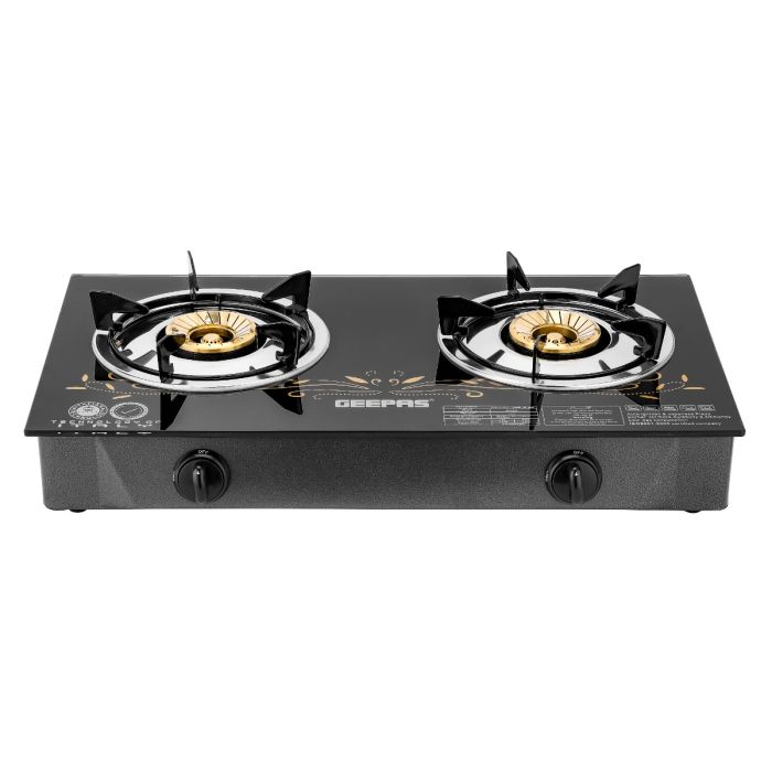 Geepas GK4280 Gas Cooker | 2 Burner Brass Stove with Tempered Glass Panel | Auto Ignition | Stainless Steel Body | 60% Gas Saving | Stylish Design | 2 Years Warranty