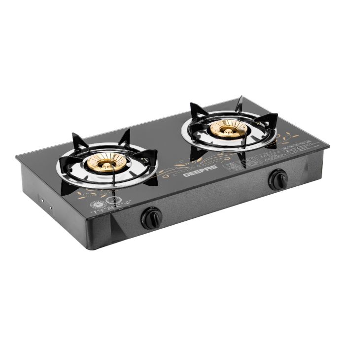 Geepas GK4280 Gas Cooker | 2 Burner Brass Stove with Tempered Glass Panel | Auto Ignition | Stainless Steel Body | 60% Gas Saving | Stylish Design | 2 Years Warranty
