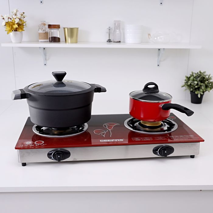 Geepas Glass Top Gas Cooker GK5602 |2 High-Efficiency Burners |8mm Thick Tempered Glass Top |Auto Ignition, Sturdy Pan Supports & Easy to Clean Design for Modern Kitchens