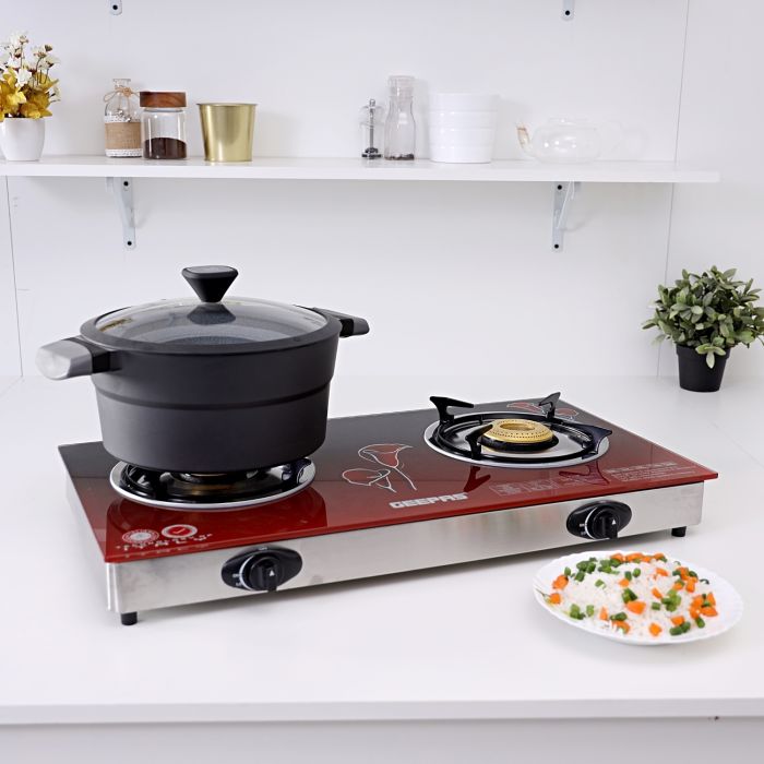 Geepas Glass Top Gas Cooker GK5602 |2 High-Efficiency Burners |8mm Thick Tempered Glass Top |Auto Ignition, Sturdy Pan Supports & Easy to Clean Design for Modern Kitchens