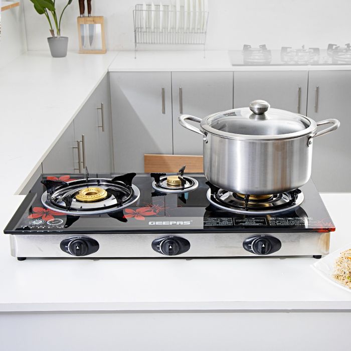 Geepas Gas Cooker GK6759 | 3 Burner Gas Stove with Auto Ignition| Durable Stainless Steel Body| Heavy-Duty Cast Iron Burners| 60% Gas Saving Technology| 2 Years Warranty