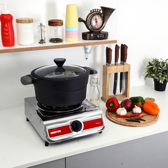 Geepas GK681 Stainless Steel Gas Cooker | Single Burner Stove with Large Twin Tube Burner | Auto Ignition System| Fuel Efficient Cast Iron Burner|  2 Years Warranty