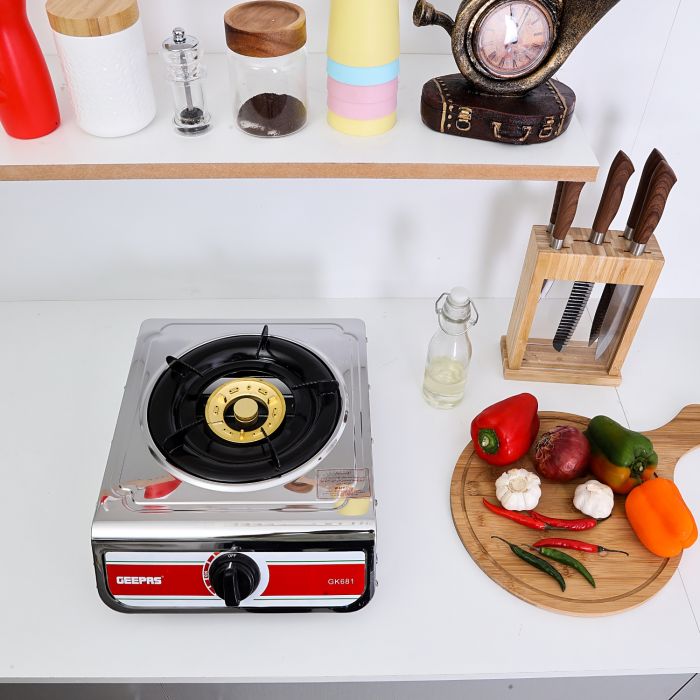 Geepas GK681 Stainless Steel Gas Cooker | Single Burner Stove with Large Twin Tube Burner | Auto Ignition System| Fuel Efficient Cast Iron Burner|  2 Years Warranty