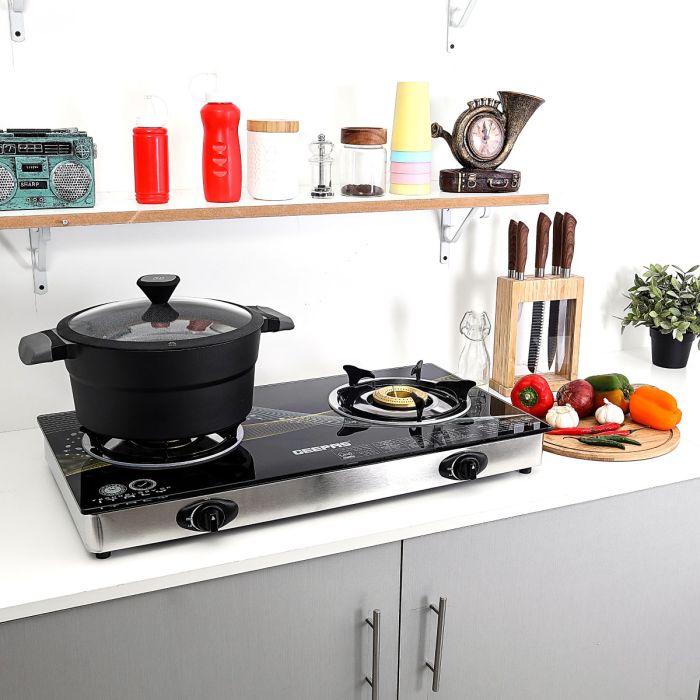Geepas GK6879 Stainless Steel Gas Cooker | 2  Burners | Auto Piezo Ignition | Flame Failure Safety  | 5.4KW Power |Low Gas Consumption | Save 60% Energy |2 Years Warranty